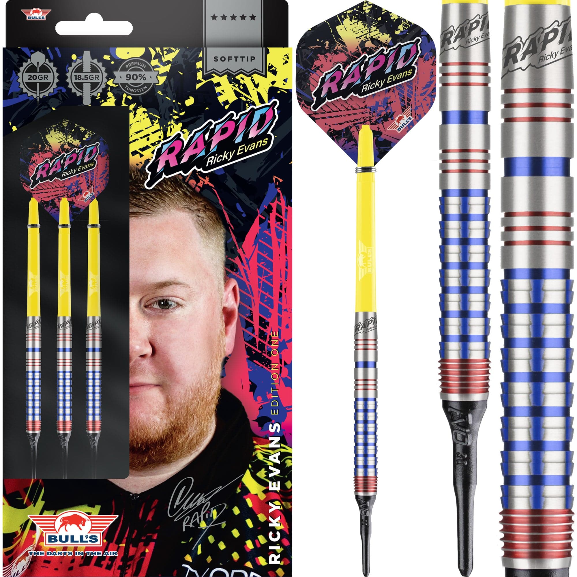 Bulls Ricky Evans Darts Soft Tip 90 Rapid Red & Blue