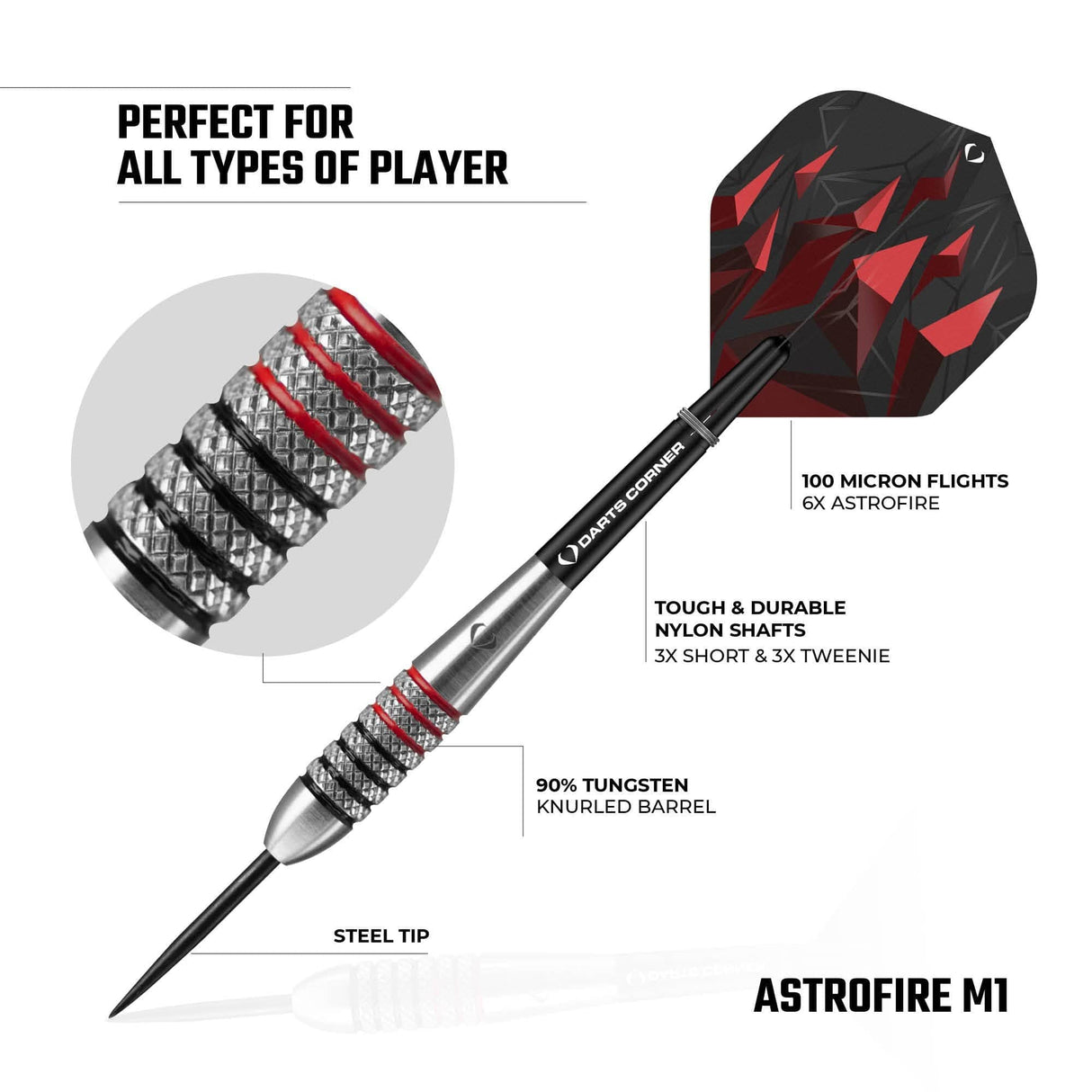 Darts Corner Astrofire Darts - Steel Tip - Knurled - Black & Red