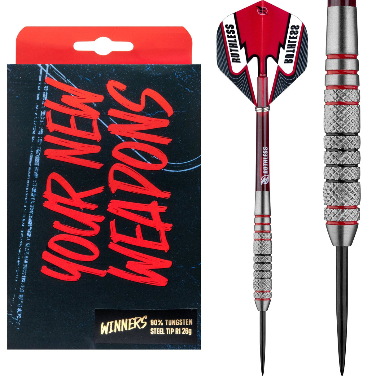 Ruthless Winners Darts - Steel Tip - Knurled - Black & Red - 26g 26g