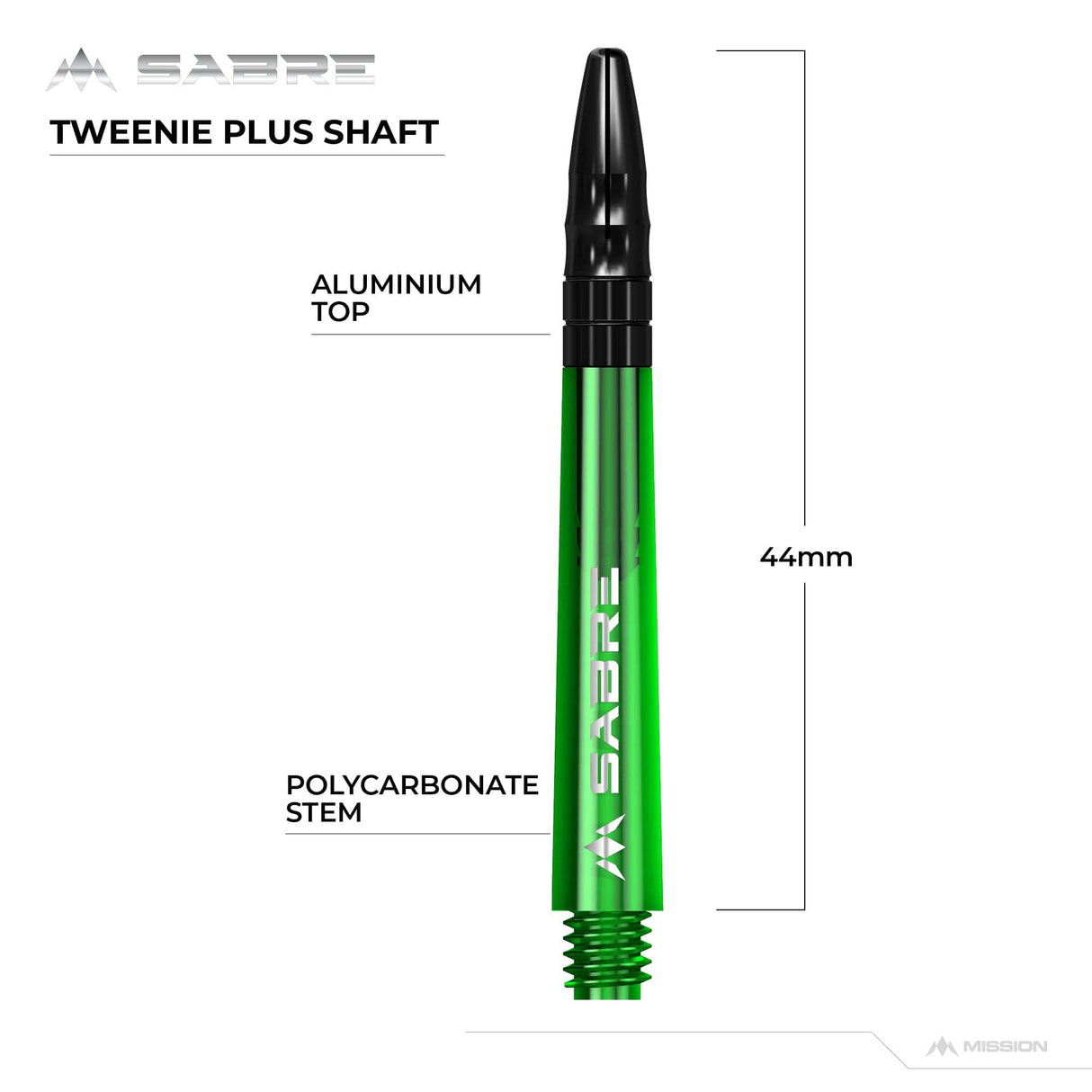 Mission Sabre Shafts - Polycarbonate Dart Stems - Green - Black Top